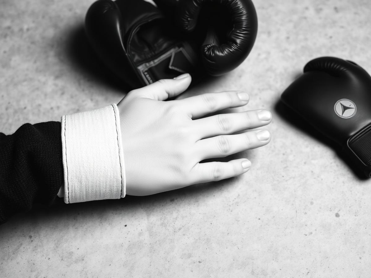 Bandagem sendo colocada na mão ao lado de luvas de boxe pretas